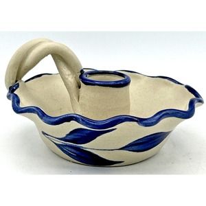 W.P.F. Williamsburg Pottery Candlestick Holder Cobalt Salt Glaze Blue Leaves '01